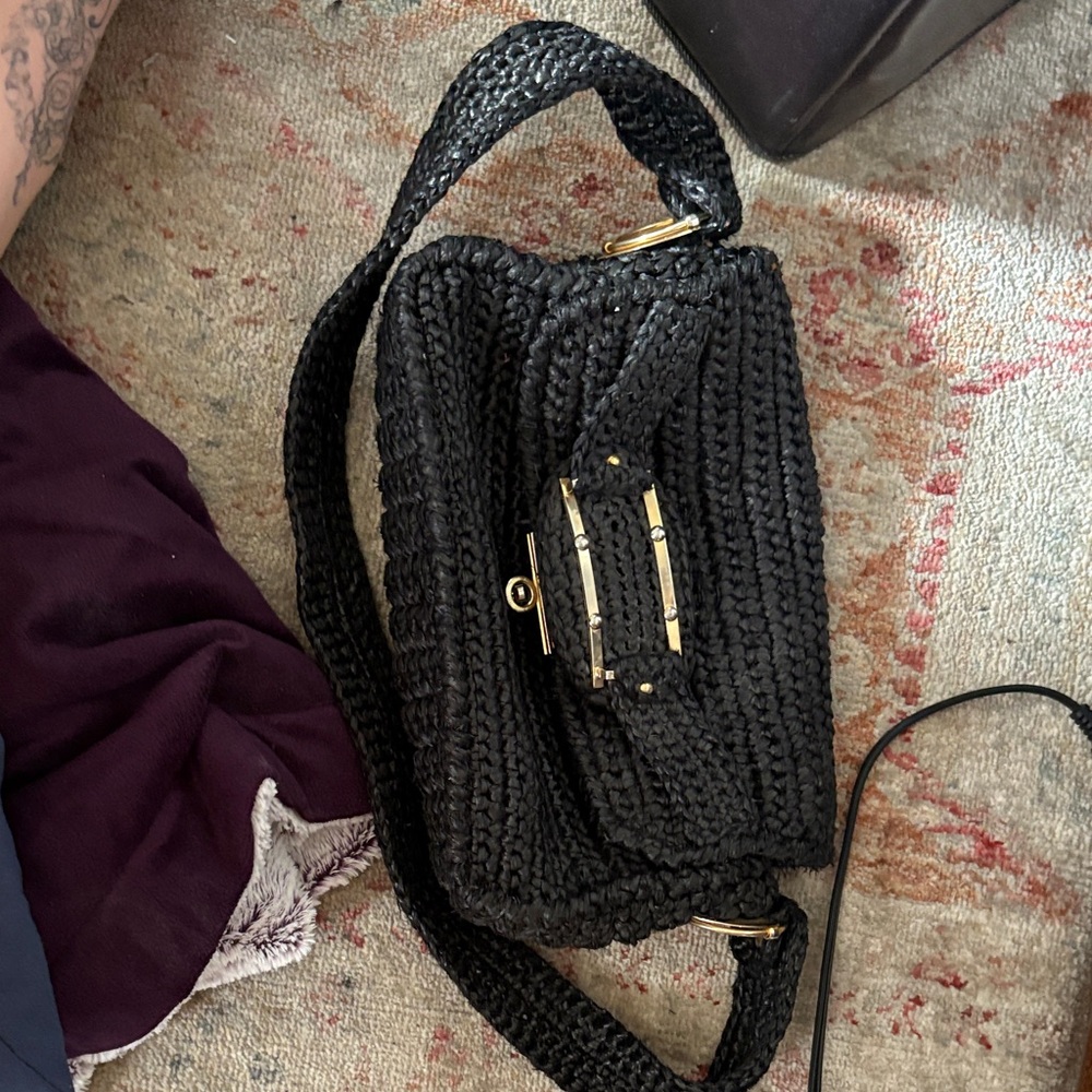 Black Textured Crossbody Bag with Gold Accents